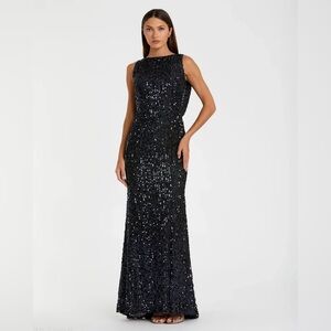 NWT Ieena MacDuggal Navy Cowl Back Boat Neck Sequined Evening Gown 8 Navy $298